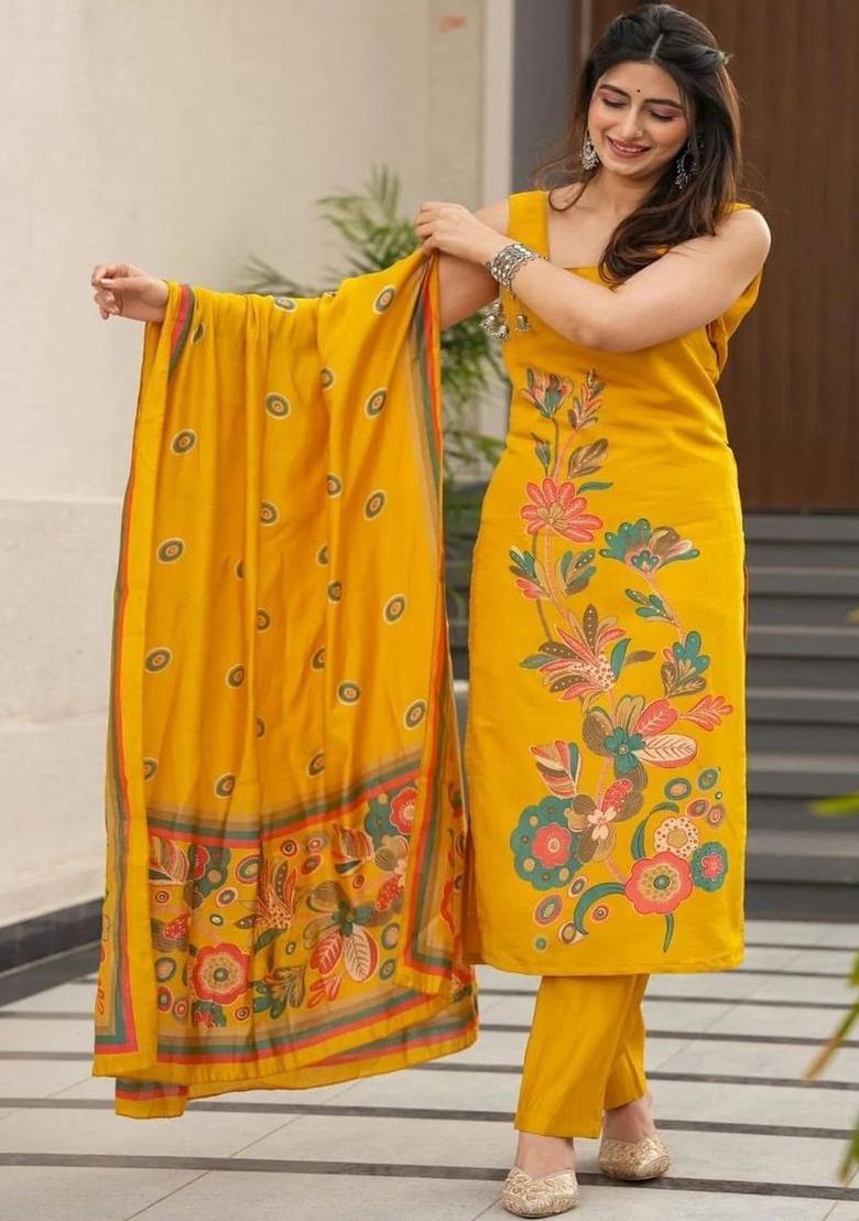 Yellow Printed Silk Kurta Set - Indya