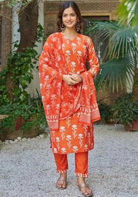 Orange Printed Cotton Kurta Set
