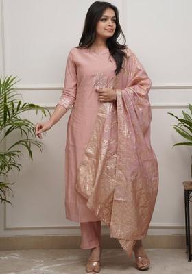 Peach Embroidered Silk Kurta Set