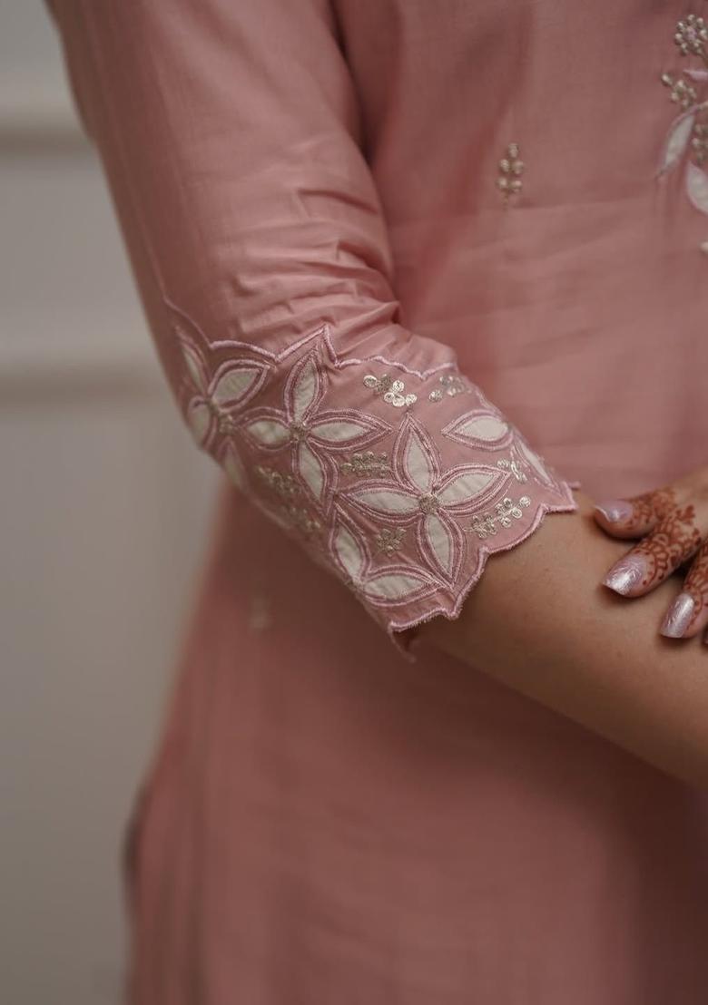 Peach Embroidered Silk Kurta Set - Indya