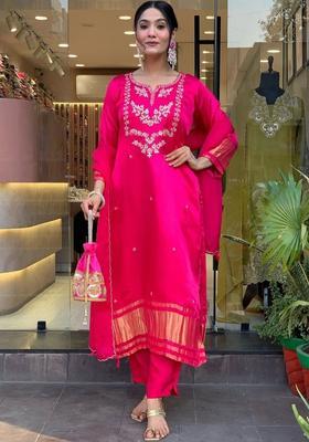 Fuchsia Embroidered Viscose Kurta Set