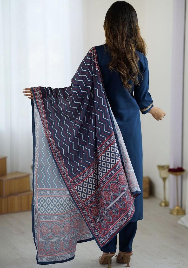 Navy Blue Embroidered Silk Kurta Set - Indya