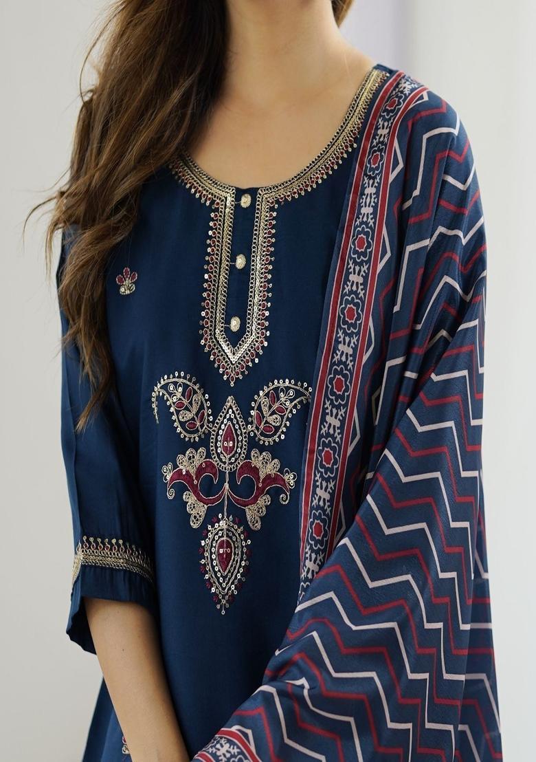 Navy Blue Embroidered Silk Kurta Set - Indya