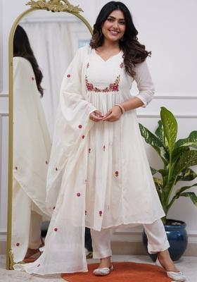 Off White Embroidered Silk Kurta Set