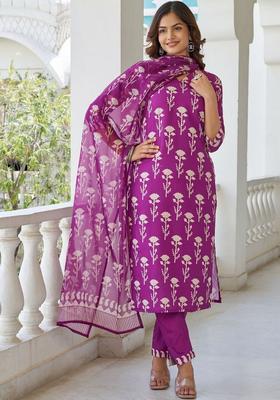 Purple Printed Cotton Kurta Set