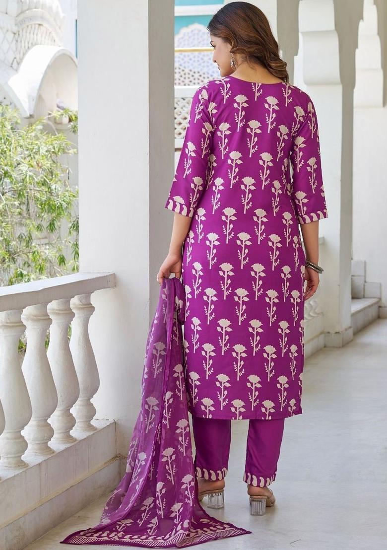 Purple Printed Cotton Kurta Set - Indya