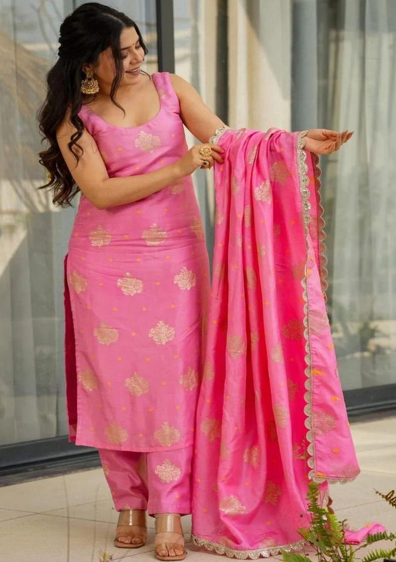 Pink Woven Design Silk Kurta Set - Indya