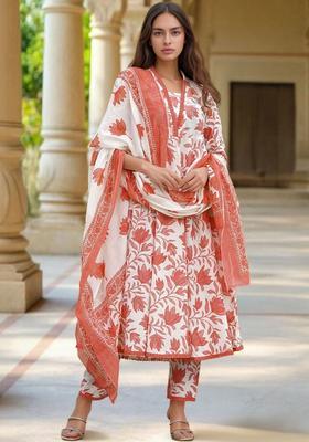 Off White Printed Cotton Kurta Set