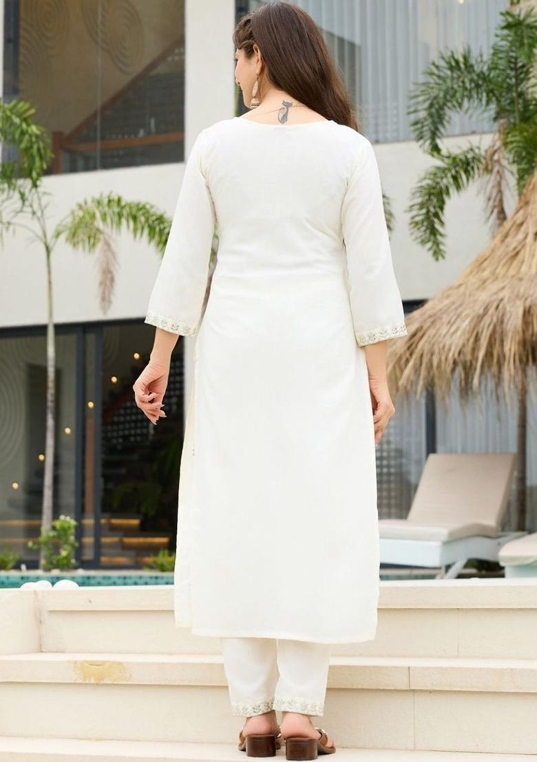 Off White Embroidered Viscose Kurta Set - Indya