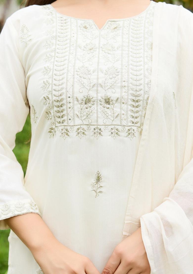 Off White Embroidered Viscose Kurta Set - Indya