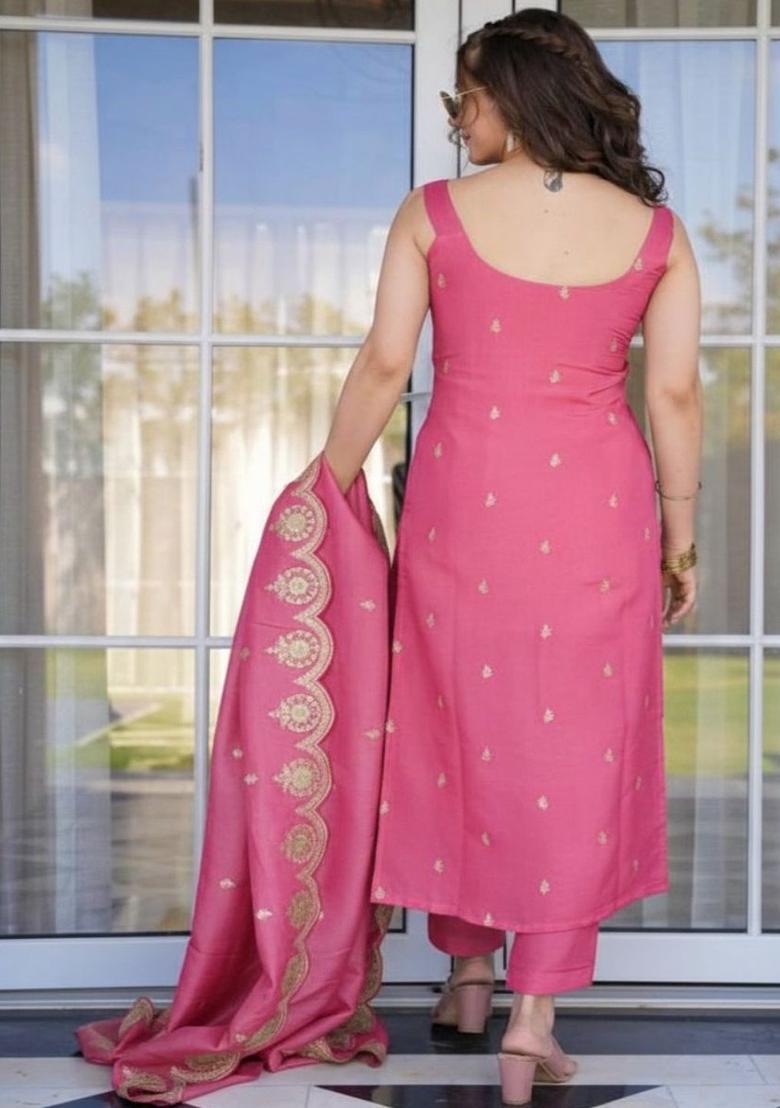Pink Embroidered Viscose Kurta Set - Indya