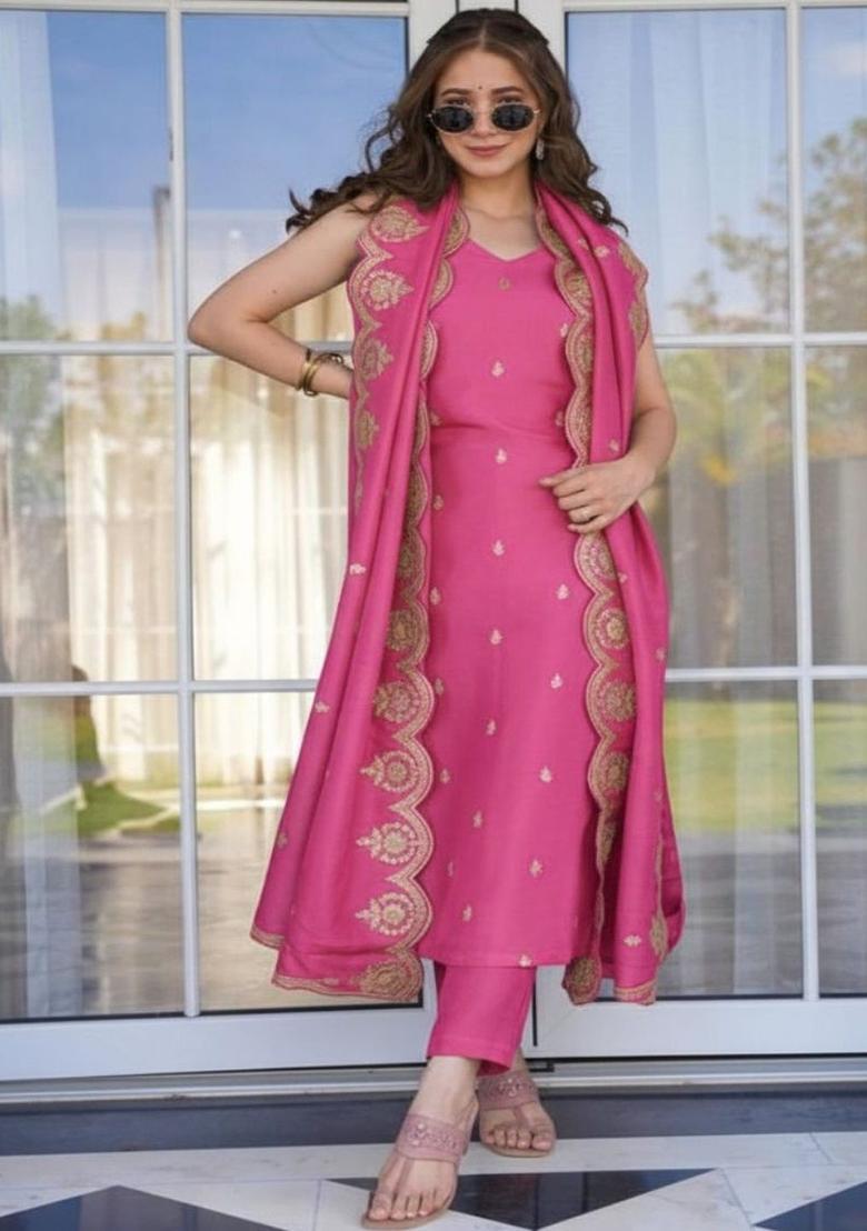 Pink Embroidered Viscose Kurta Set - Indya