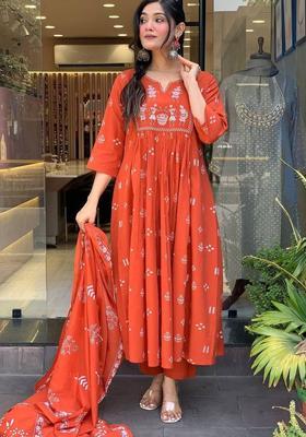 Orange Printed Cotton Kurta Set