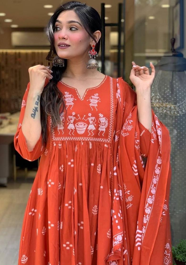 Orange Printed Cotton Kurta Set - Indya
