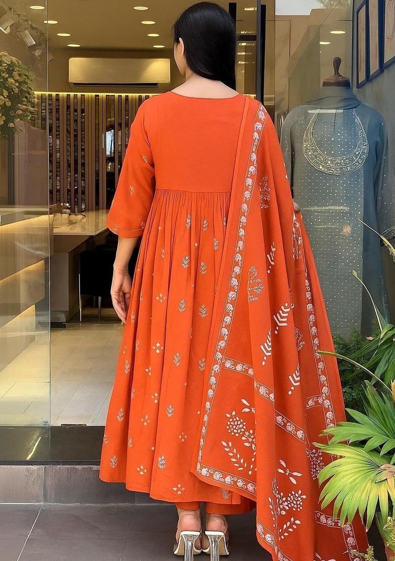 Orange Printed Cotton Kurta Set - Indya