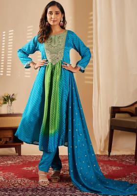 Blue Printed Chinon Kurta Set