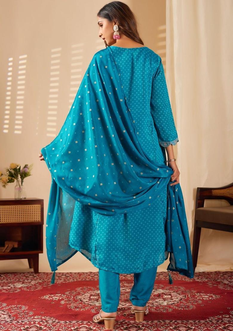 Blue Printed Chinon Kurta Set - Indya