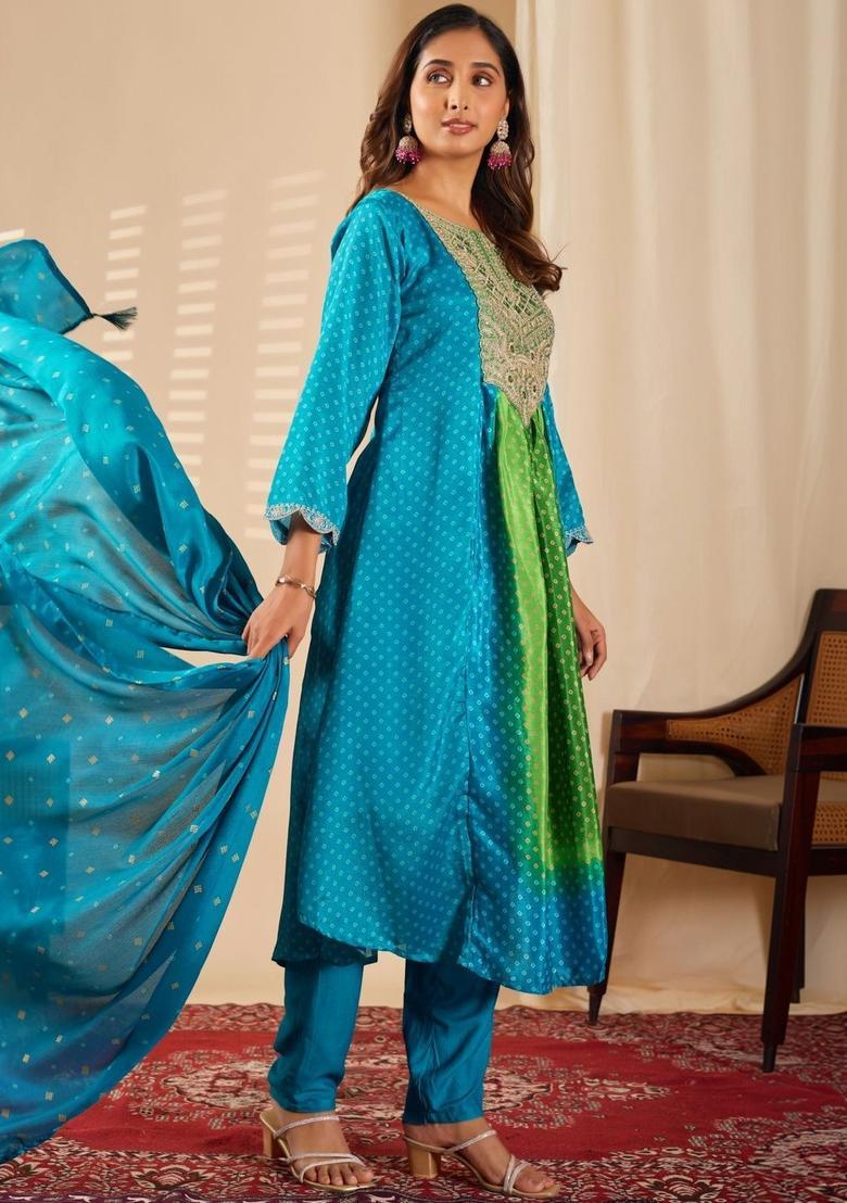 Blue Printed Chinon Kurta Set - Indya