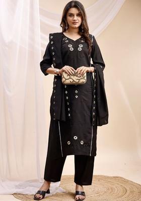 Black Embroidered Silk Kurta Set