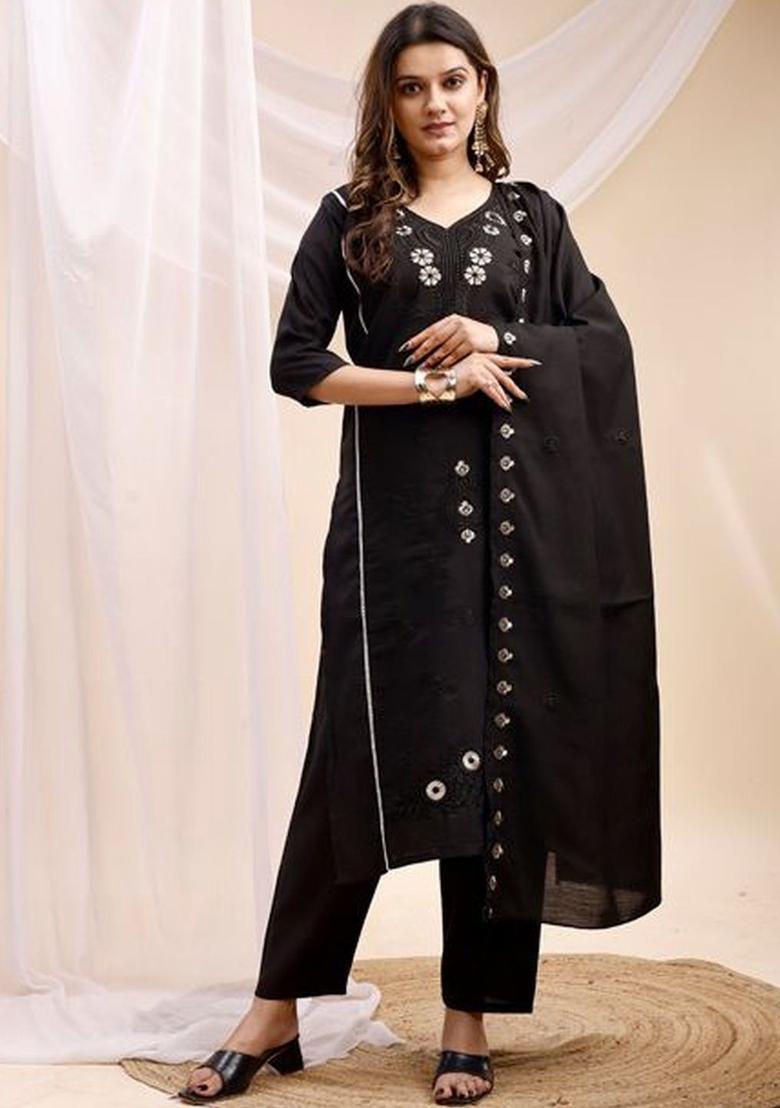 Black Embroidered Silk Kurta Set - Indya
