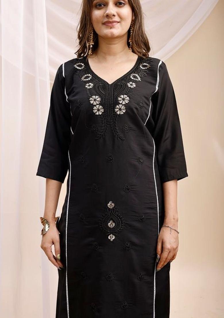 Black Embroidered Silk Kurta Set - Indya