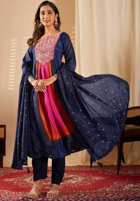 Navy Blue Printed Chinon Kurta Set