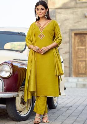 Lime Green Embroidered Viscose Kurta Set
