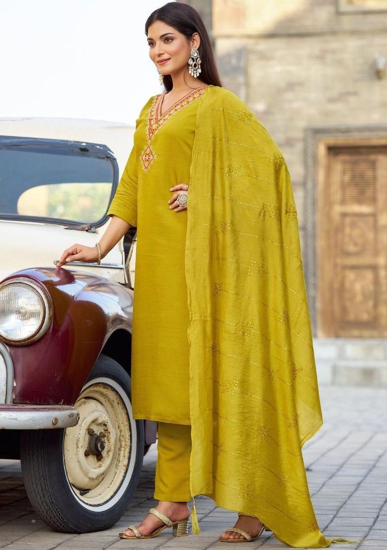 Lime Green Embroidered Viscose Kurta Set - Indya