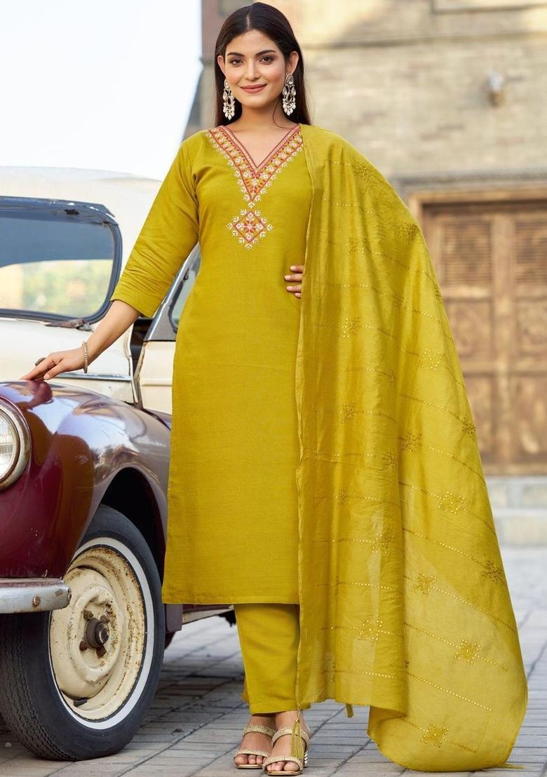 Lime Green Embroidered Viscose Kurta Set - Indya