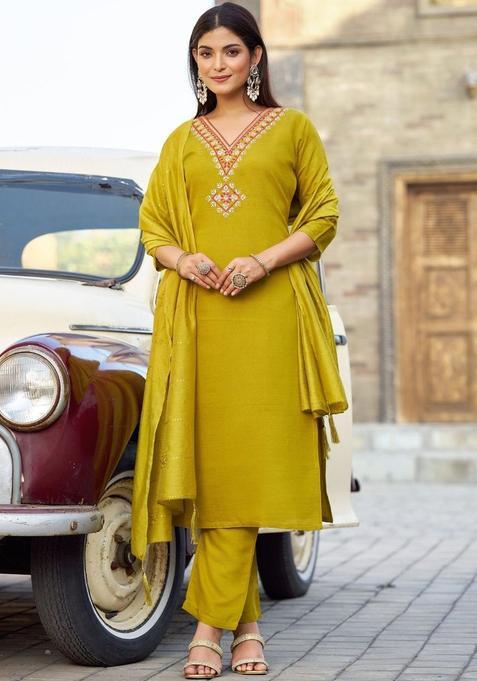 Lime Green Embroidered Viscose Kurta Set — view on Indya