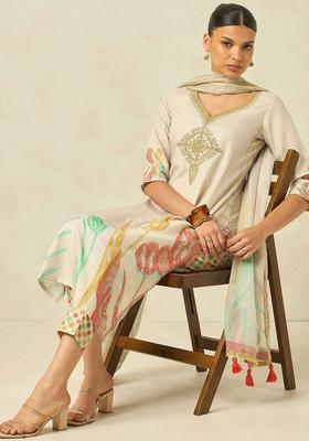 Cream Printed Cotton Kurta Set