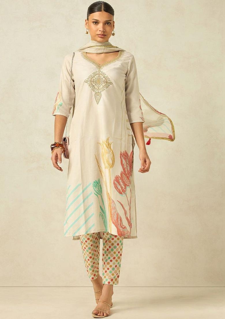 Cream Printed Cotton Kurta Set - Indya