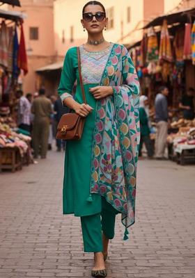 Green Embroidered Cotton Kurta Set