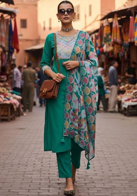 Green Embroidered Cotton Kurta Set