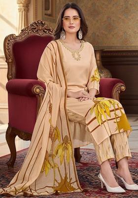 Peach Printed Cotton Kurta Set