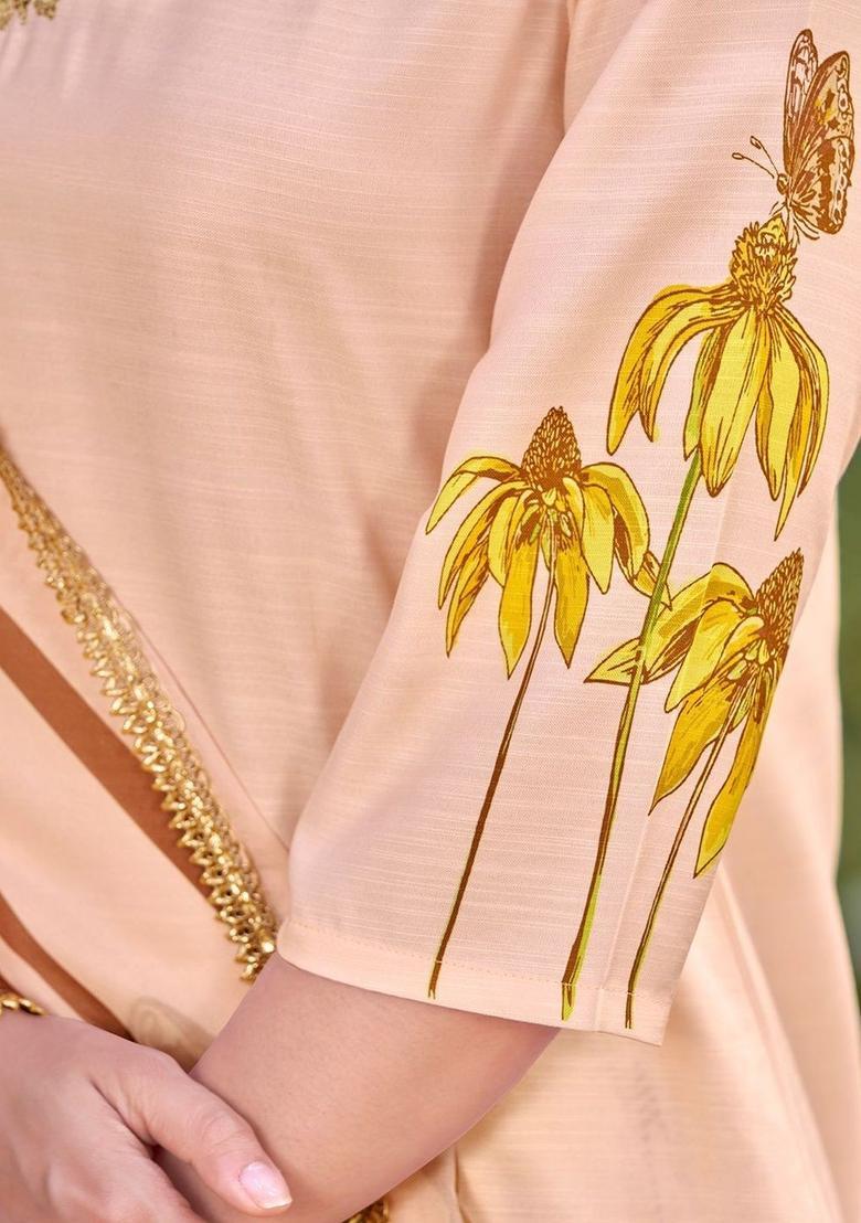 Peach Printed Cotton Kurta Set - Indya