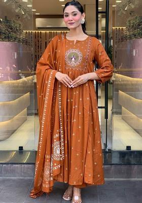 Orange Embroidered Viscose Kurta Set