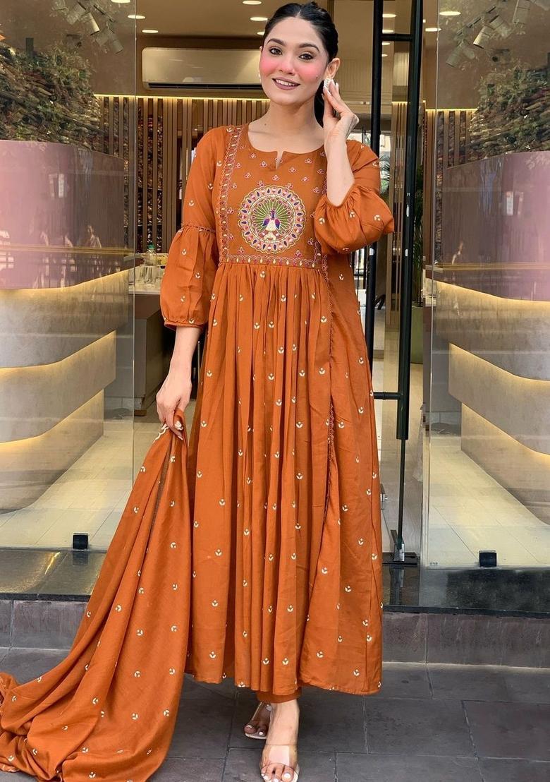 Orange Embroidered Viscose Kurta Set - Indya
