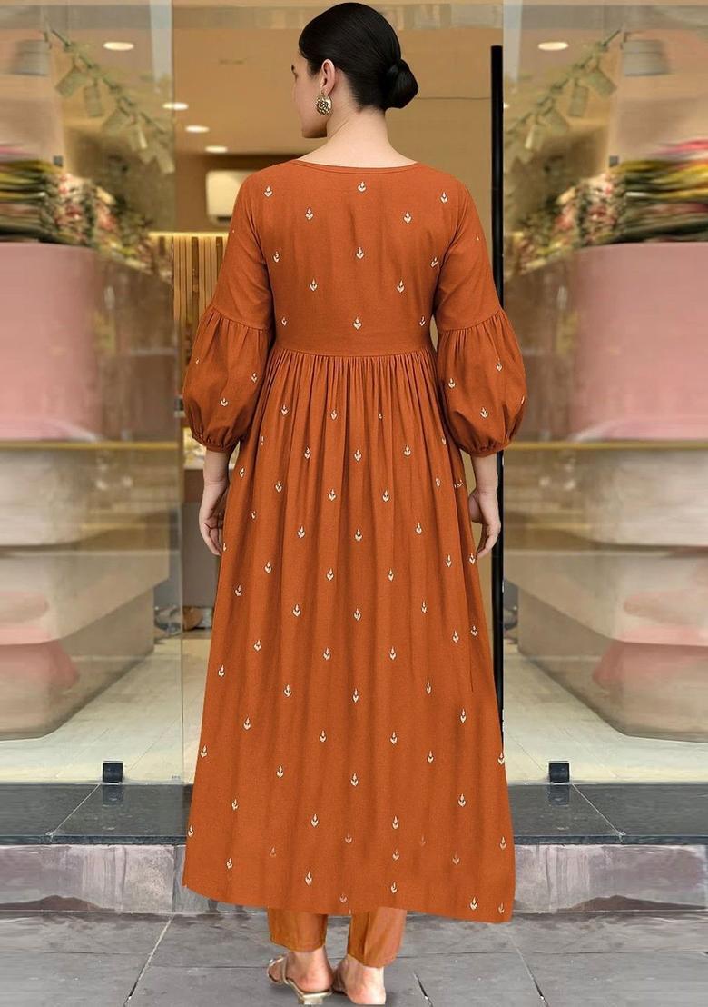 Orange Embroidered Viscose Kurta Set - Indya