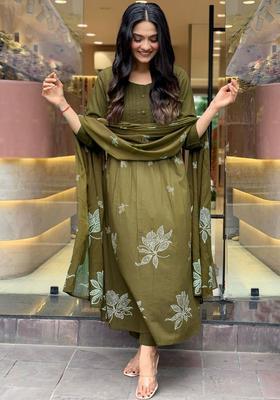 Olive Printed Viscose Kurta Set