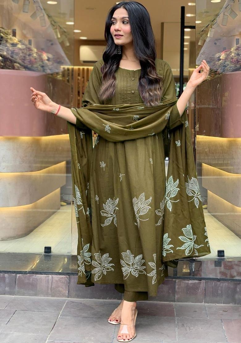 Olive Printed Viscose Kurta Set - Indya