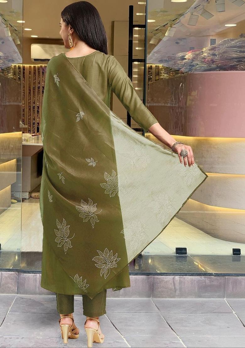 Olive Printed Viscose Kurta Set - Indya