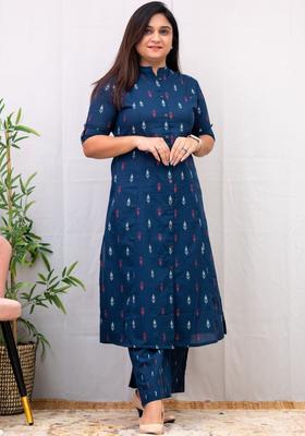 Navy Blue Printed Viscose Kurta Set