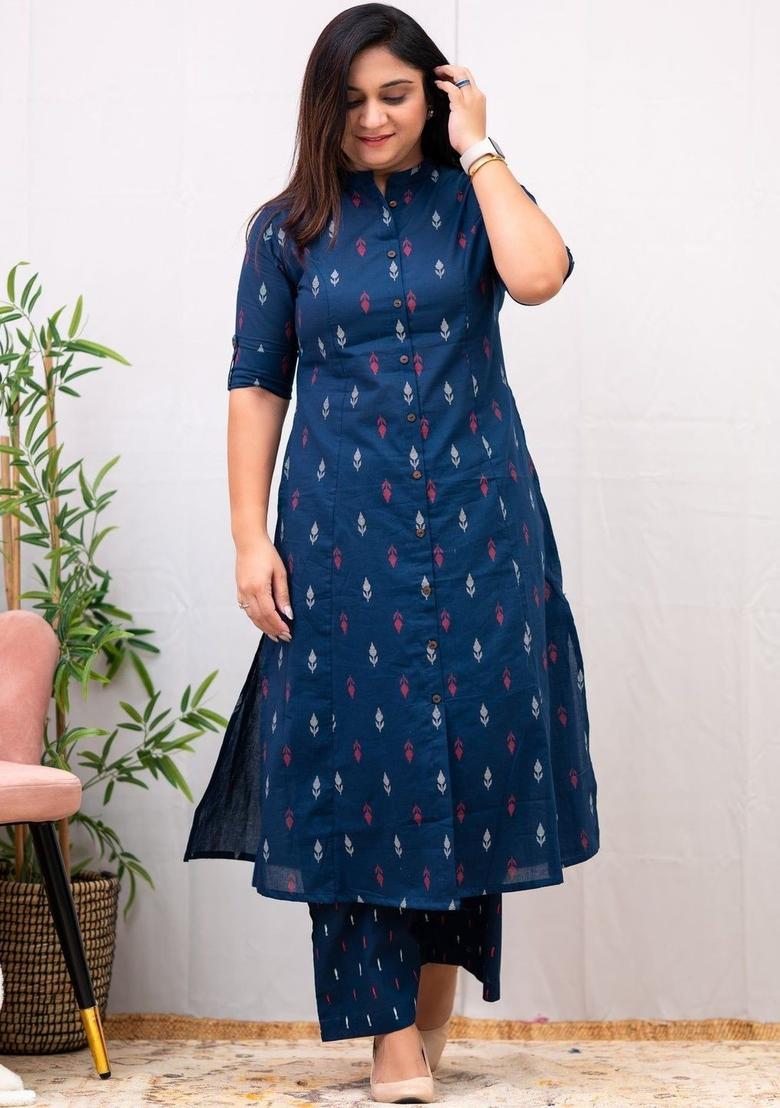 Navy Blue Printed Viscose Kurta Set - Indya