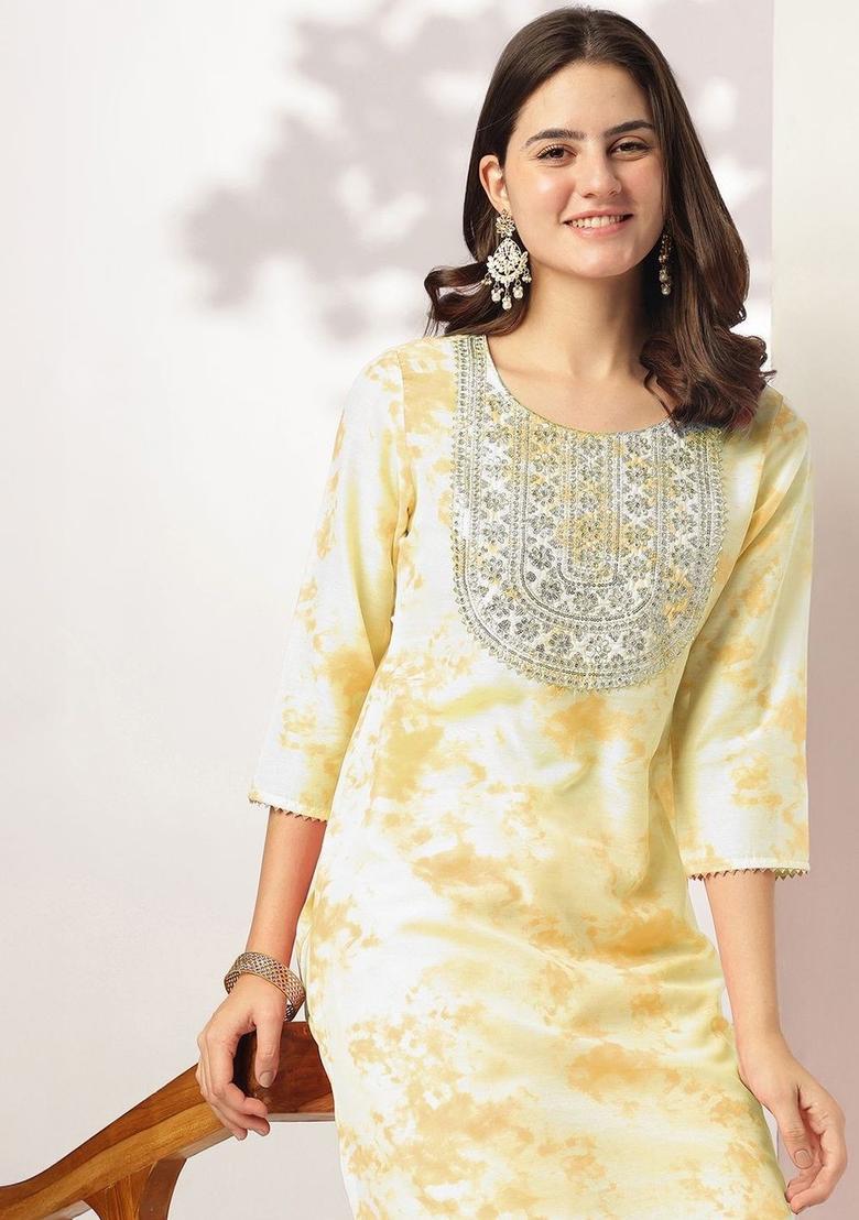 Yellow Dyed Silk Kurta Set - Indya