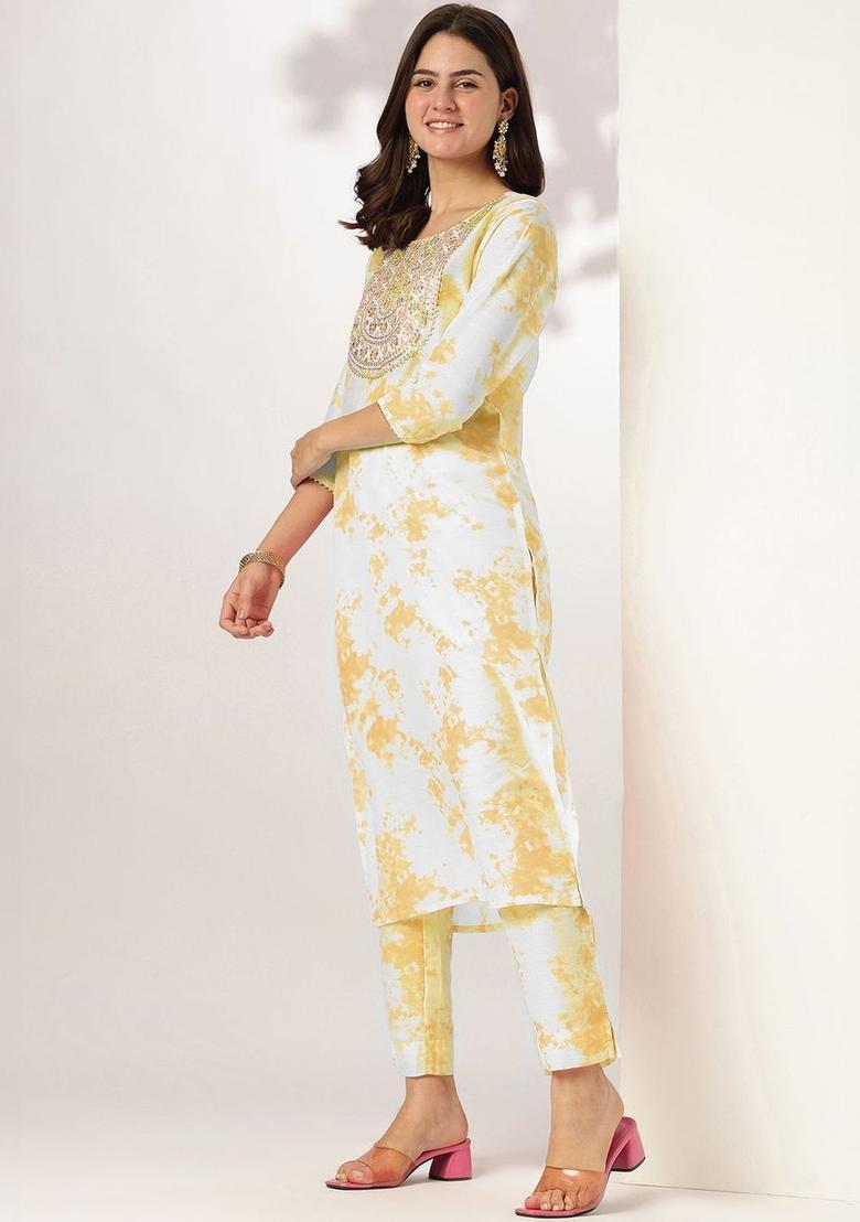 Yellow Dyed Silk Kurta Set - Indya