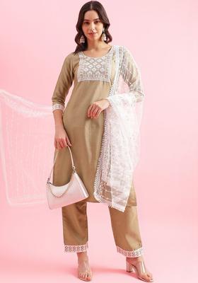 Brown Embroidered Silk Kurta Set