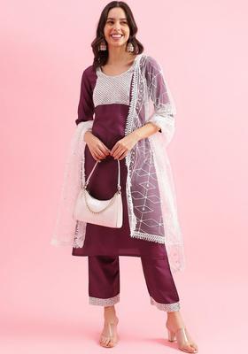 Purple Yoke Design Silk Kurta Set