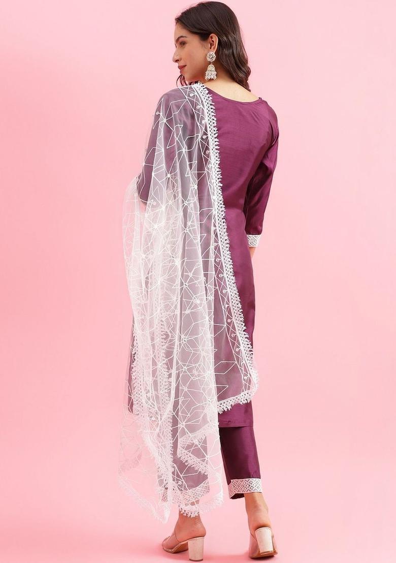 Purple Yoke Design Silk Kurta Set - Indya