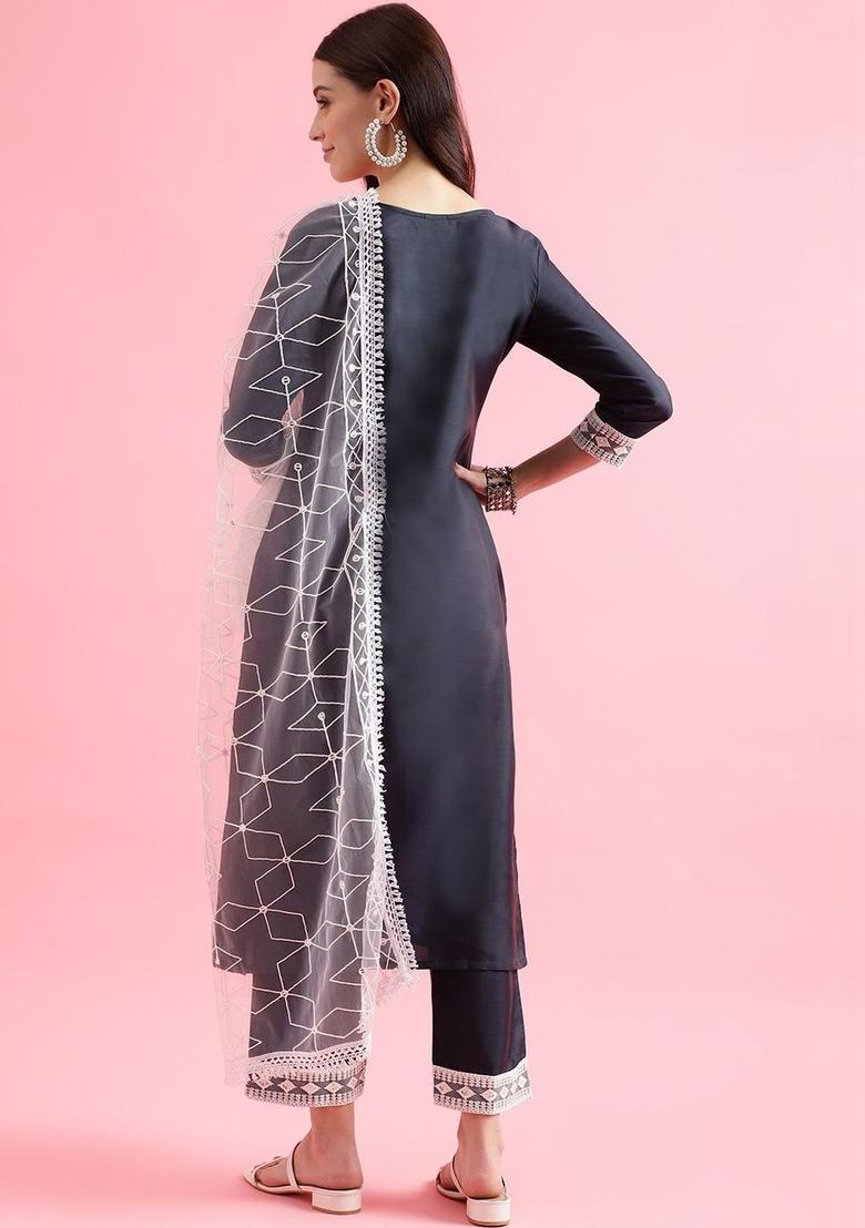 Navy Blue Embroidered Silk Kurta Set - Indya